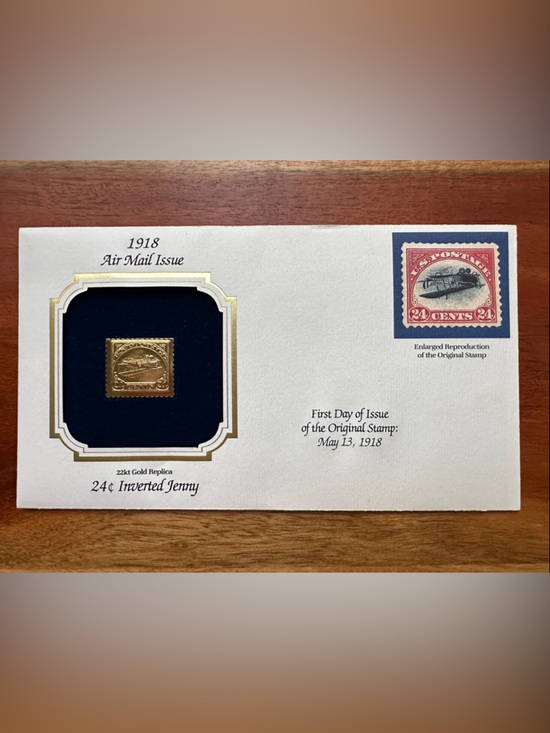commemorative Other - 24ct Gold Replica Inverted Jenny Stamp Display – Gold on Navy